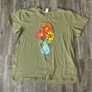 ROMWE Olive Green Short Sleeve Tee with Floral Design